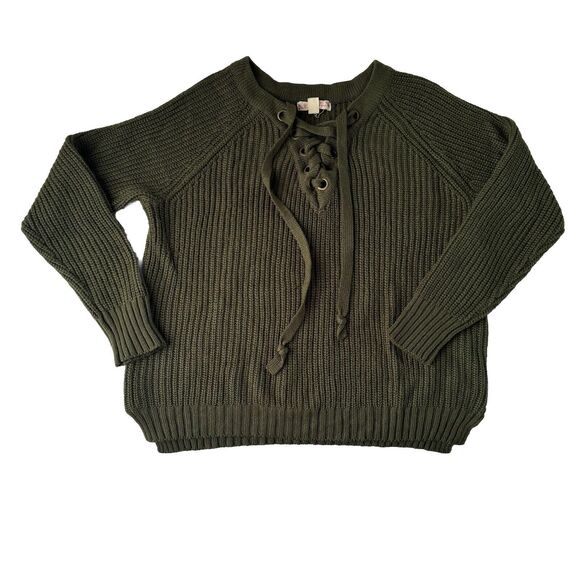 It’s Our Time V Neck Lace Up Knit Green Sweater Women’s Size Medium - Picture 1 of 10